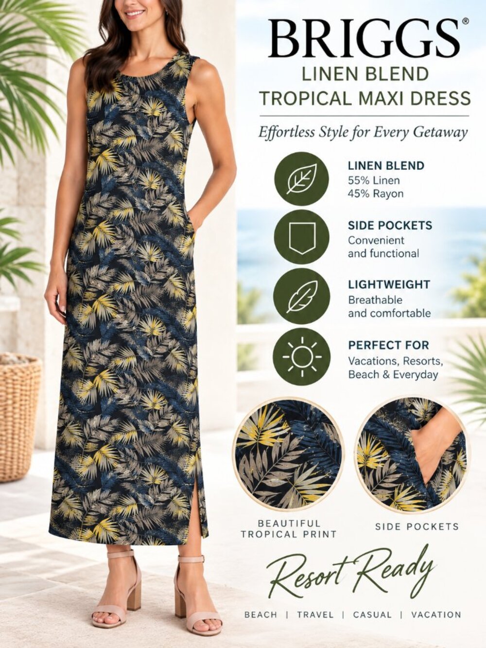Briggs Linen Blend Tropical Floral Maxi Dress With Pockets